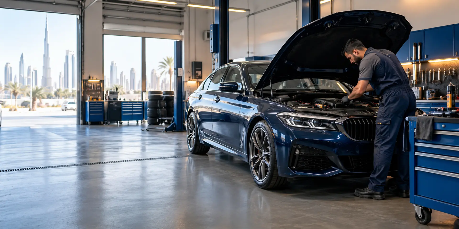Vehicle inspection inside a modern Dubai garage